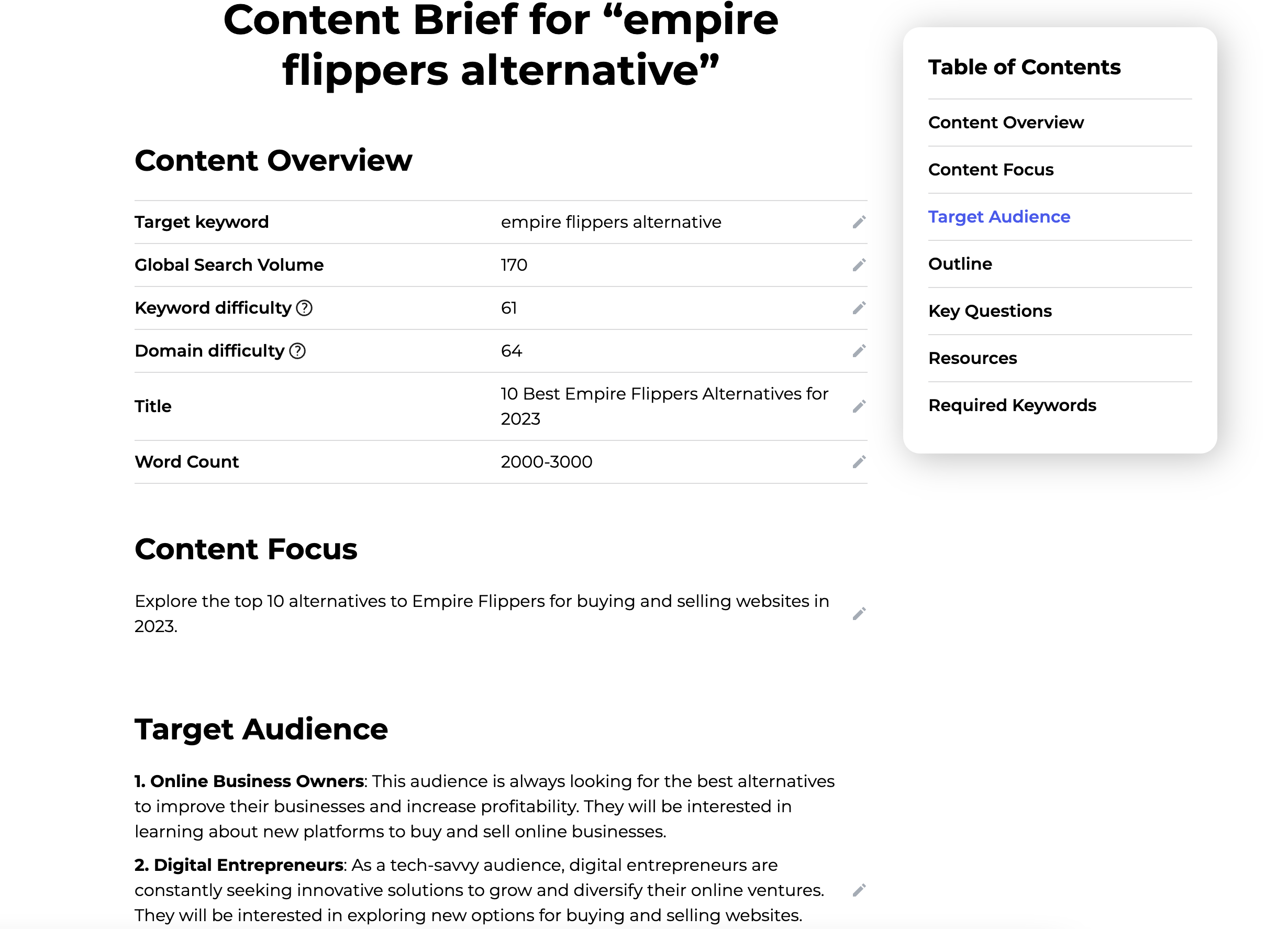content brief for empire flippers alternative