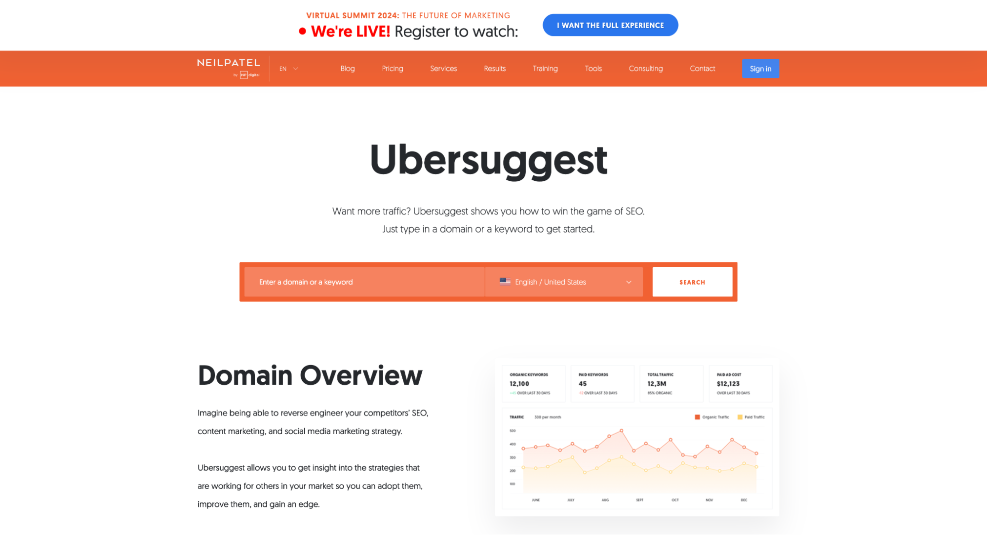 Ubersuggest homepage